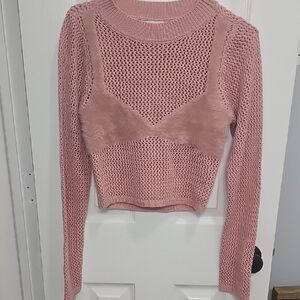 Pink Women's Sweater with Faux Fur Detail